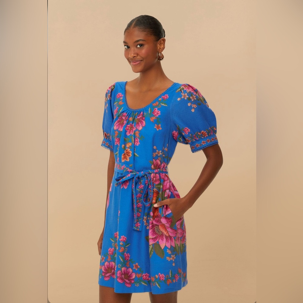 Farm Rio Blue Summer Fruit Scarf Mini Dress
